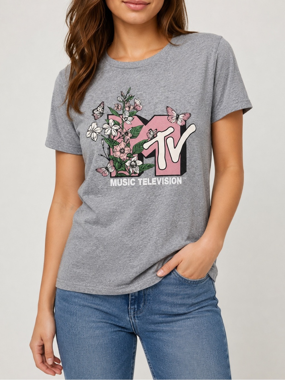 MTV Women’s M Gray Floral Butterfly Logo Graphic Tee Retro Music Television